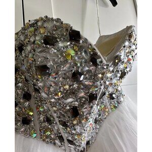 Alyce Designs Babydoll Beaded Crystal Corset Mini Dress 2 Tulle Skirt Y2K Fairy